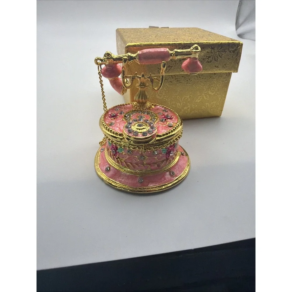 Hand Painted Pink Telephone Style Enameled Jewelry Trinket Box*